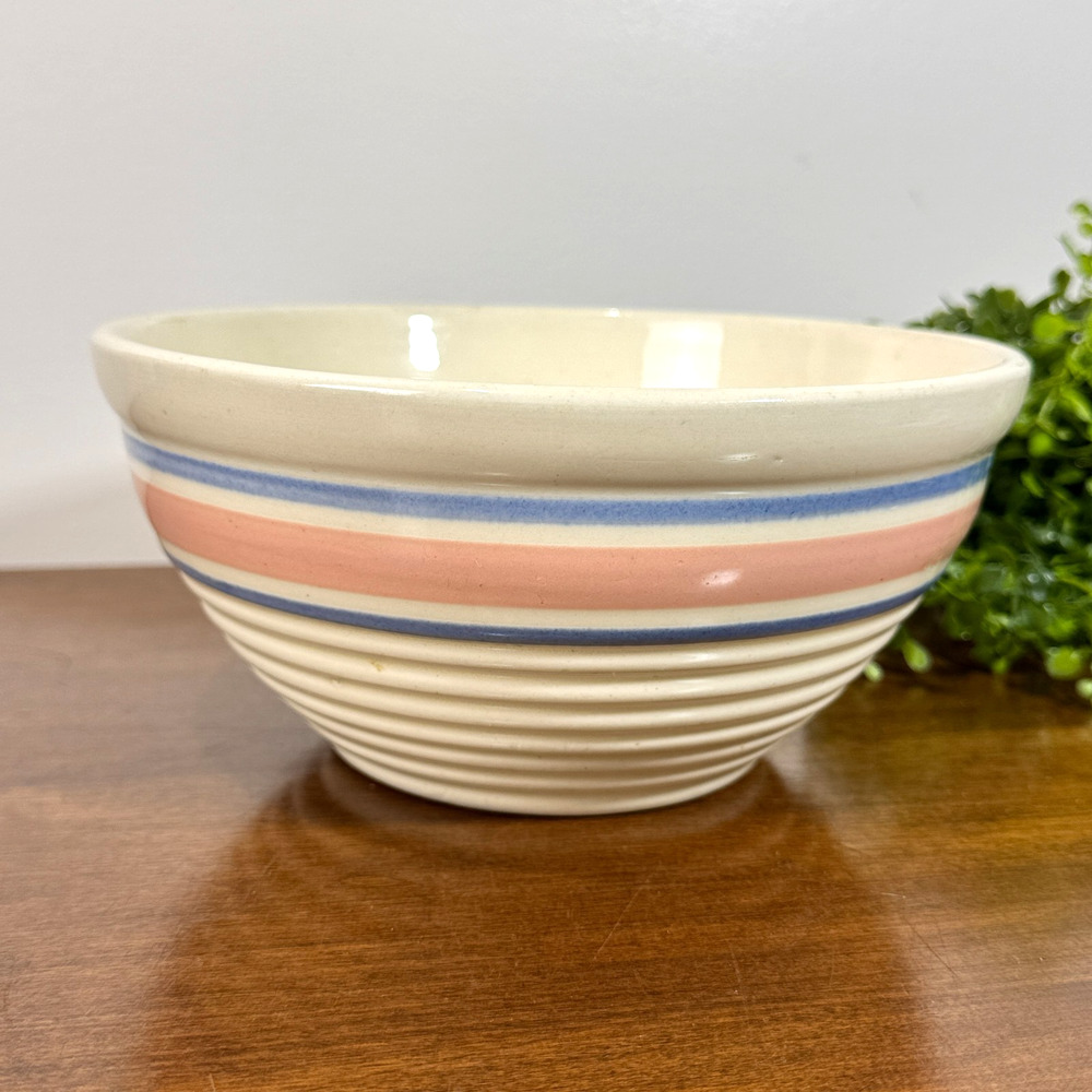 Vintage McCoy Oven Ware 7" Mixing Bowl Pink Blue Stripes Ribbed USA Beehive